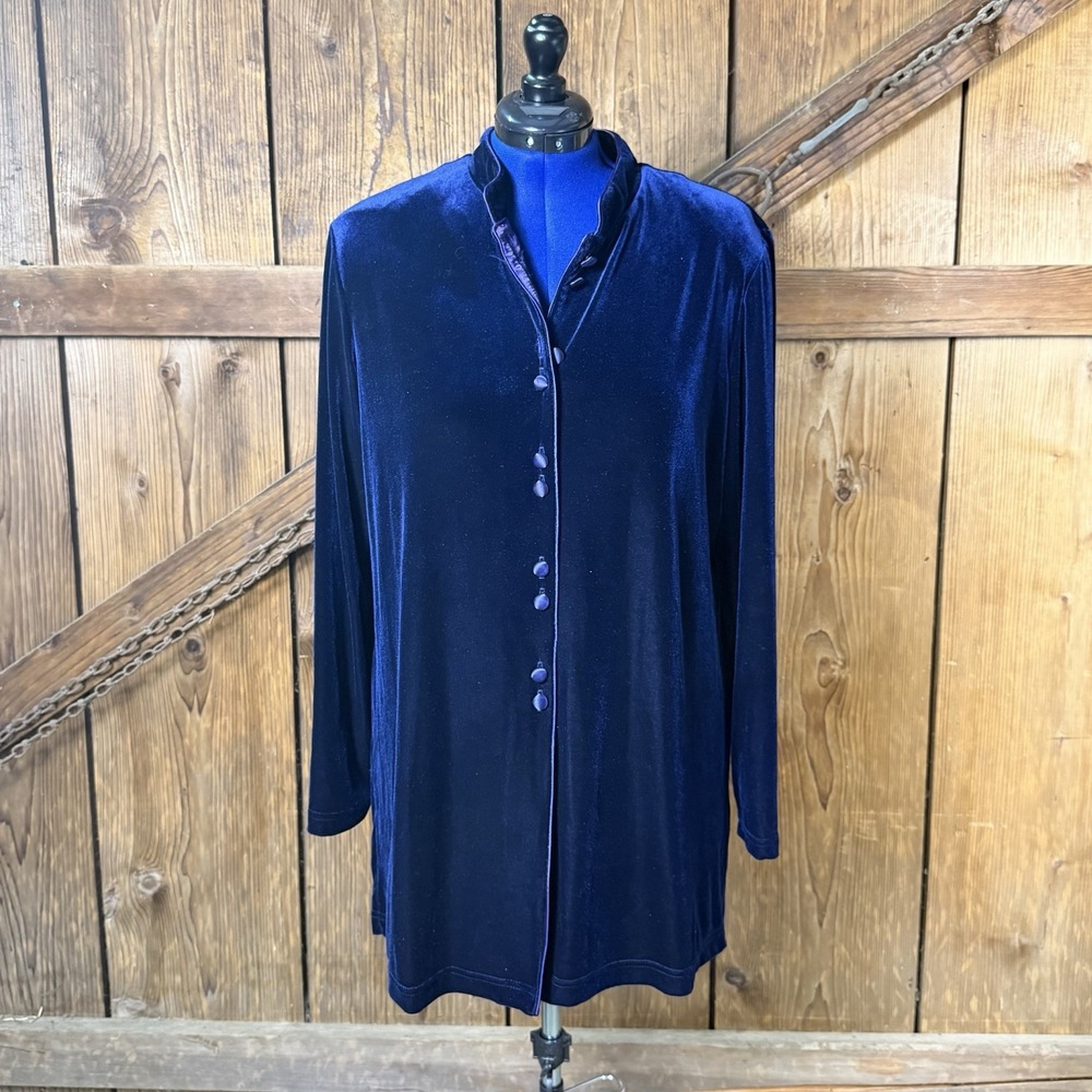 Coldwater Creek Blue Velvet Button-Down Collared Long Sleeve Blouse Size XL